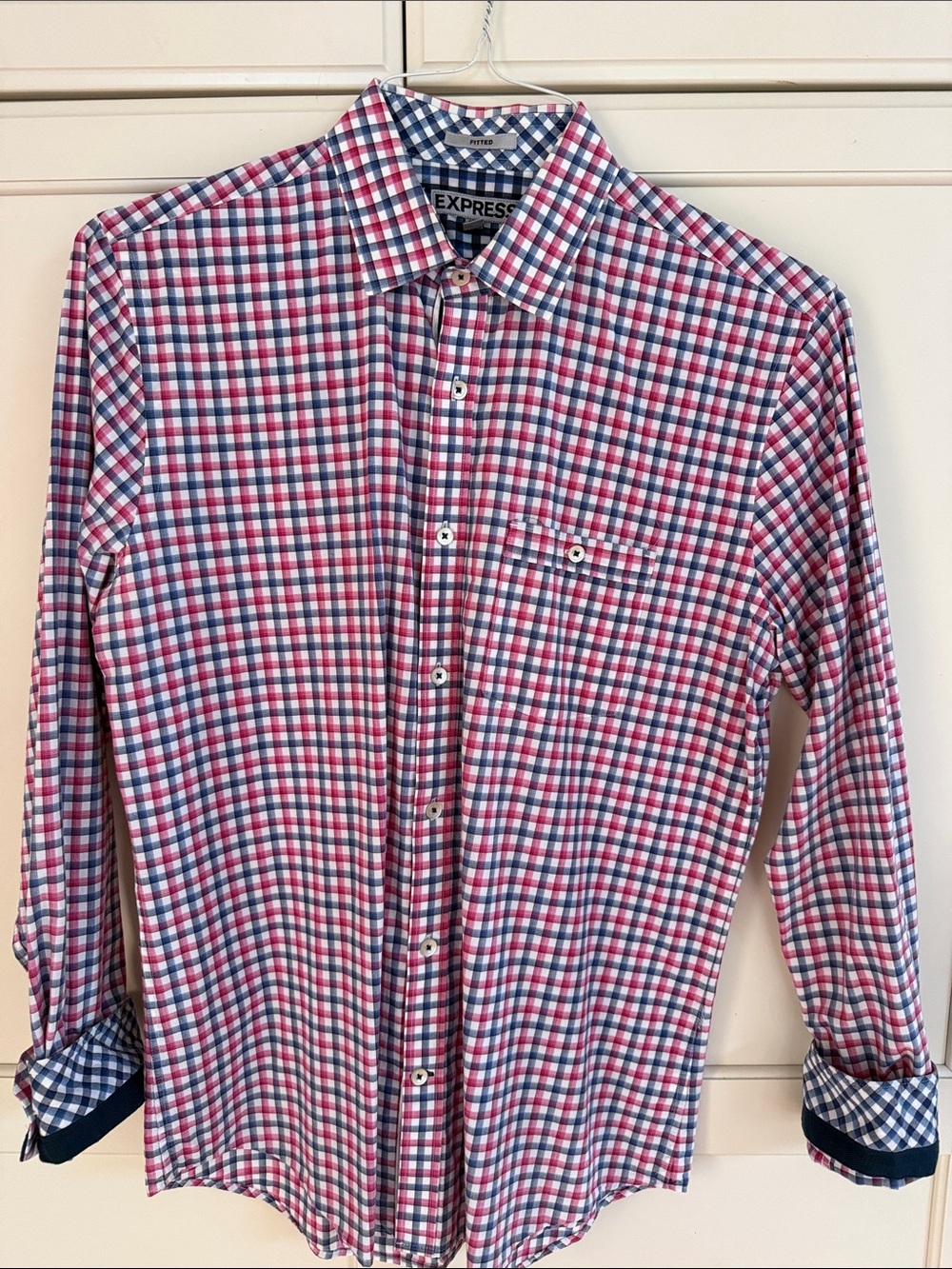 Express Men’s Pink, Blue & White Plaid Button-Down Shirt